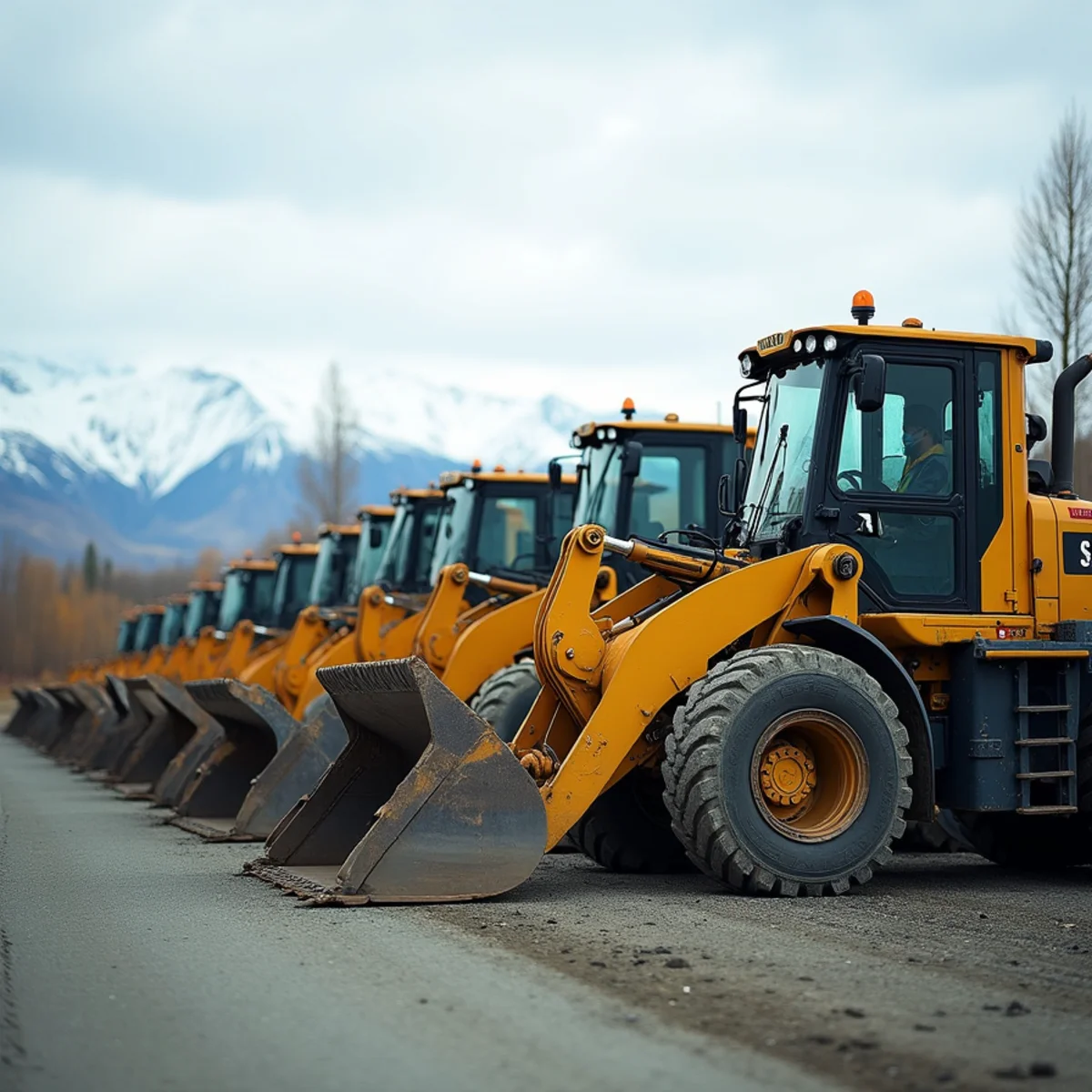 Commercial heavy equipment fleet including wheel loaders and dump trucks in Wasilla AK