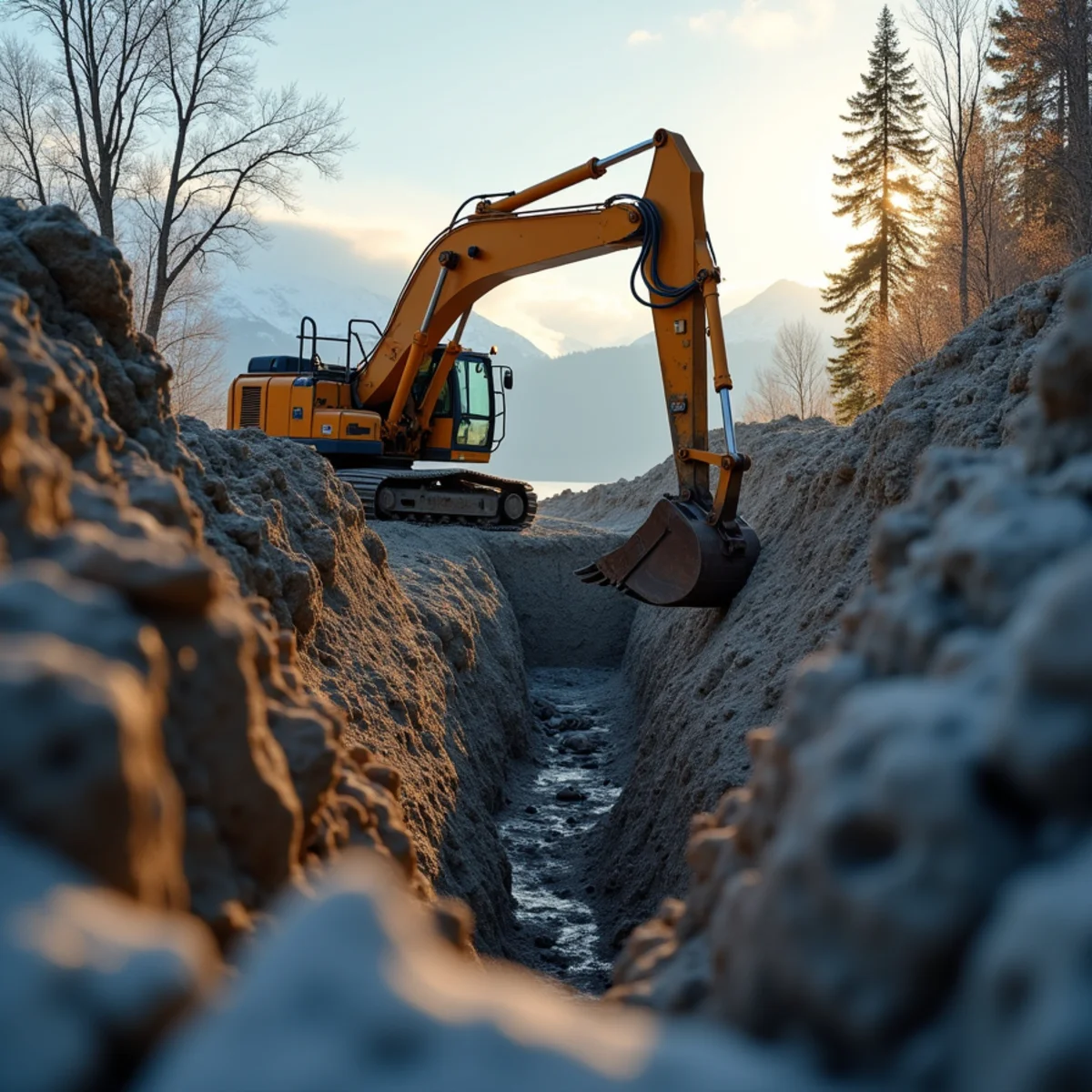 Excavating sub-base trench for frost-heave resistant boulder wall in Wasilla