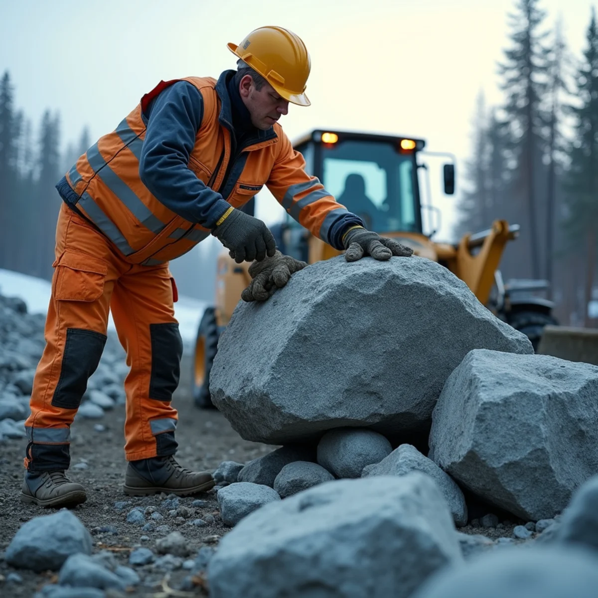 Stacking heavy interlocking Mat-Su river boulders with hydraulic thumb