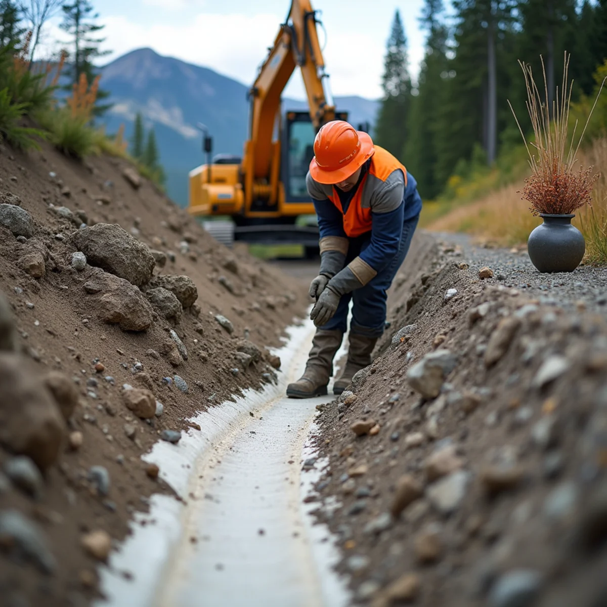 Installing non-woven geotextile fabric and washed drainage rock behind retaining wall