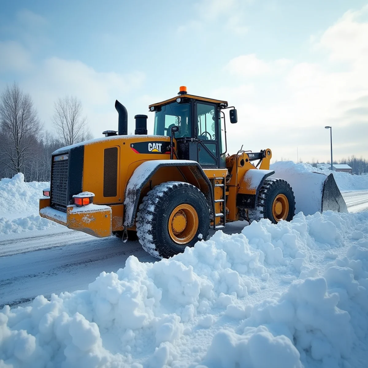 Wheel loader stacking snow along commercial parking lot perimeter in Palmer