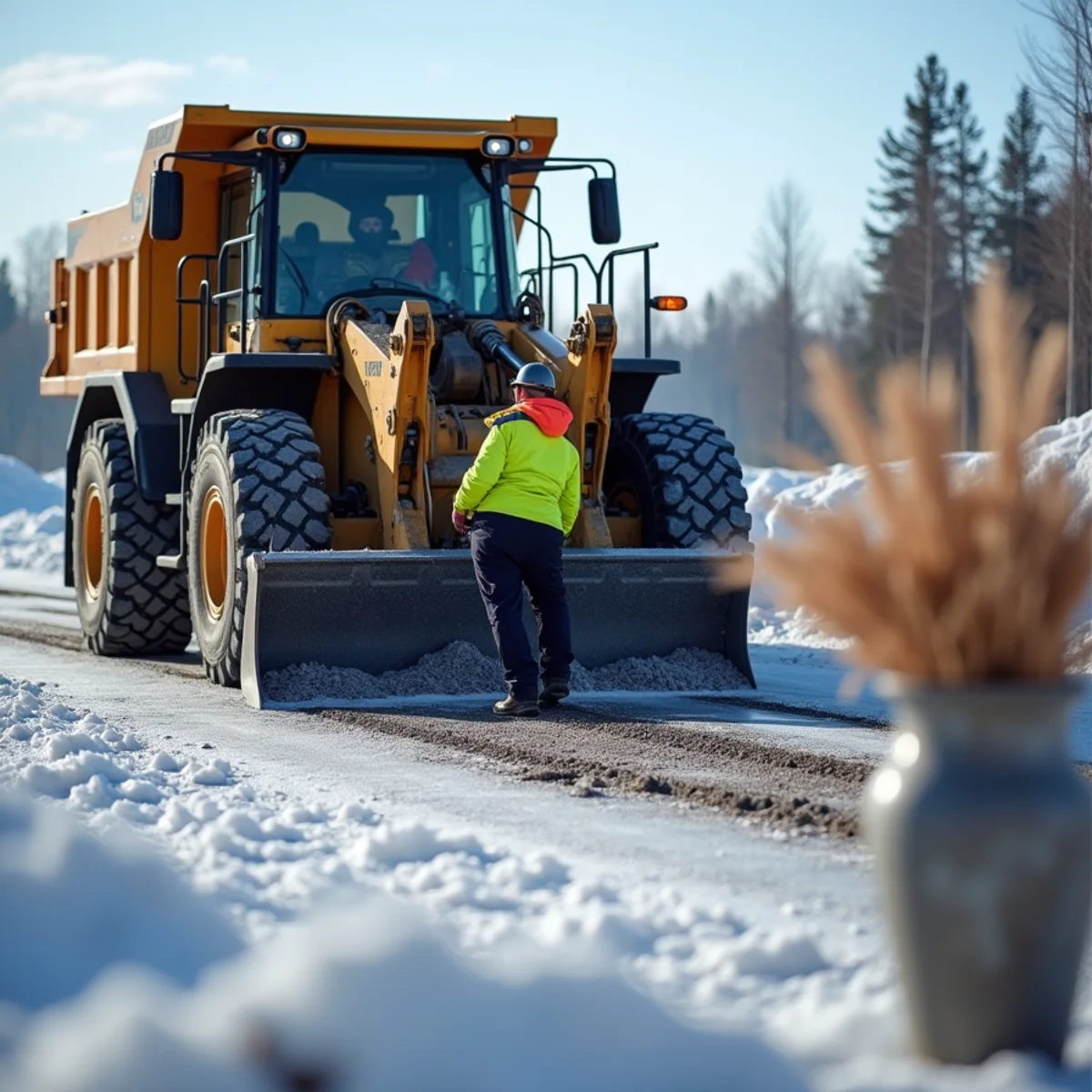 Spreading coarse traction sand on frozen retail parking lot in Mat-Su Valley