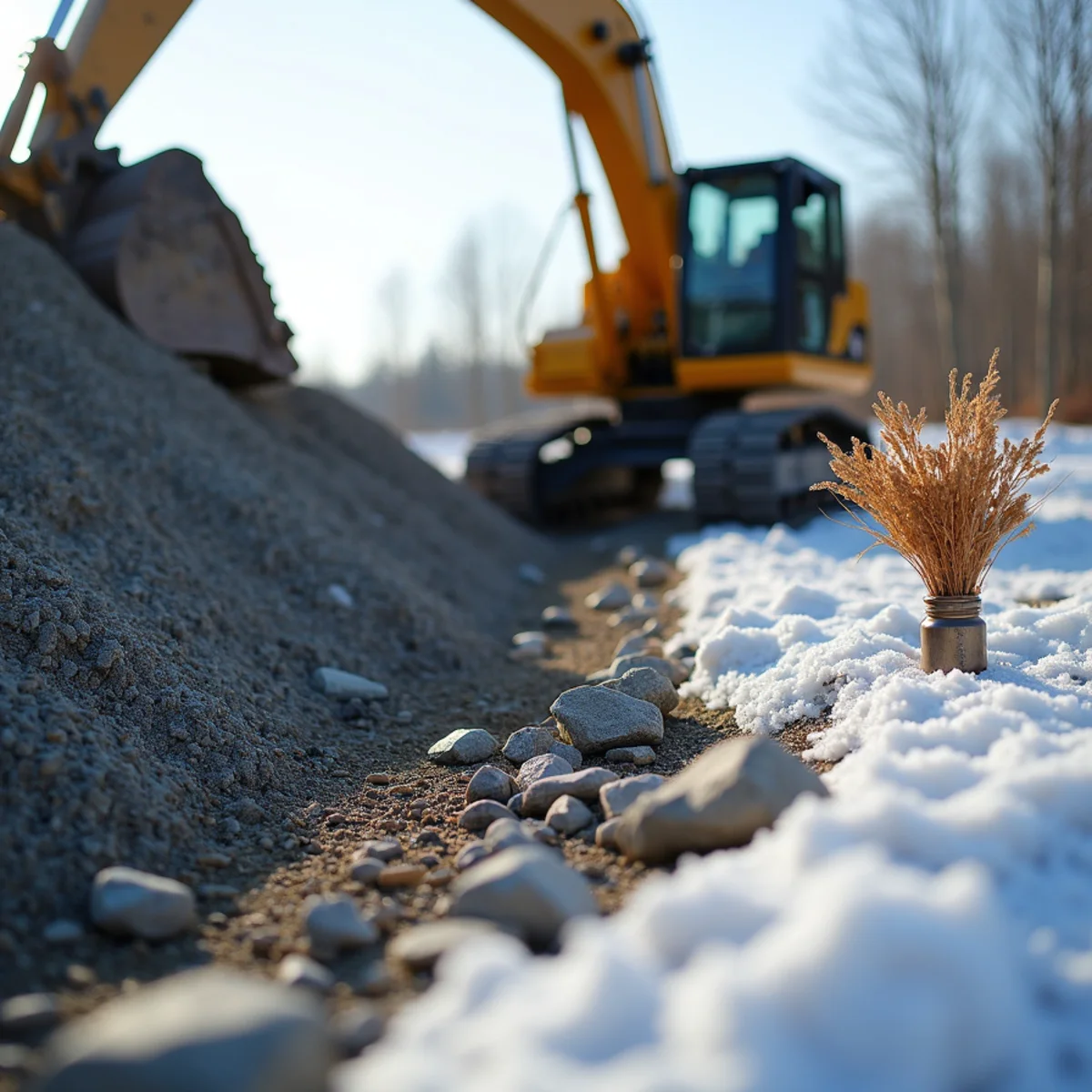 Installing gravel silt filter berm at perimeter of commercial snow dump zone