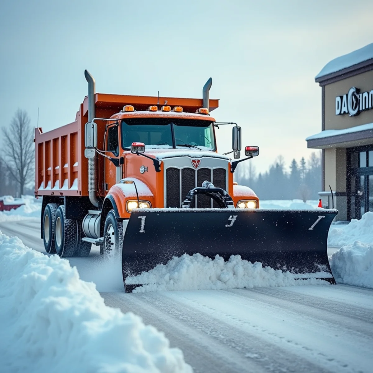 Commercial truck plow clearing snow under seasonal agreement in Wasilla