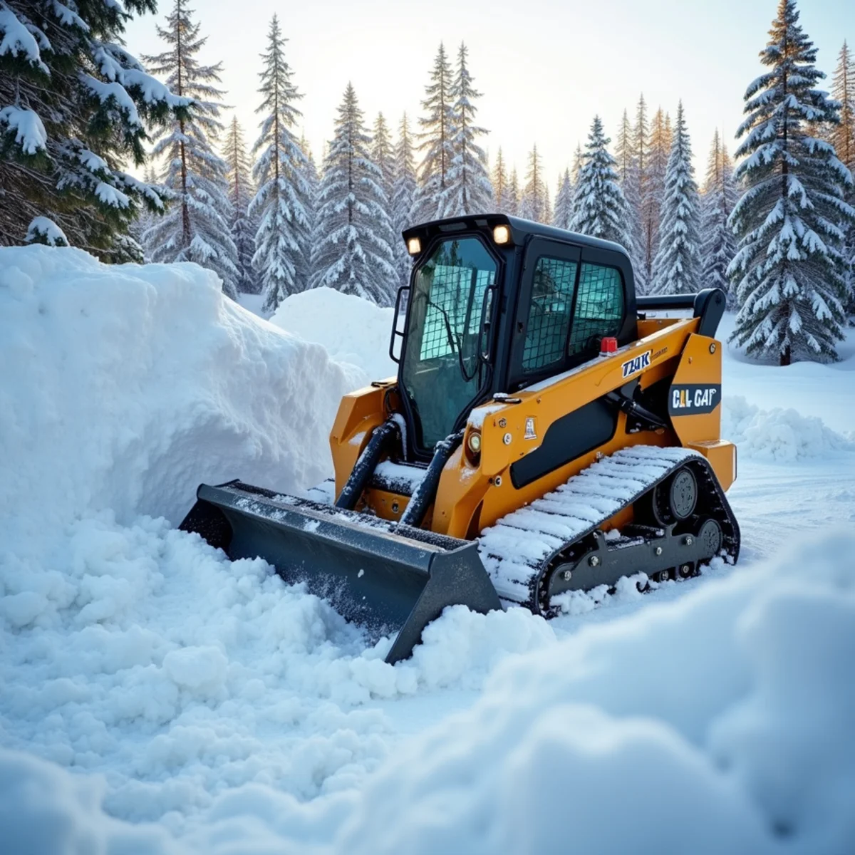 Excavator blading snowdrifts away from residential foundation stem wall in Wasilla AK