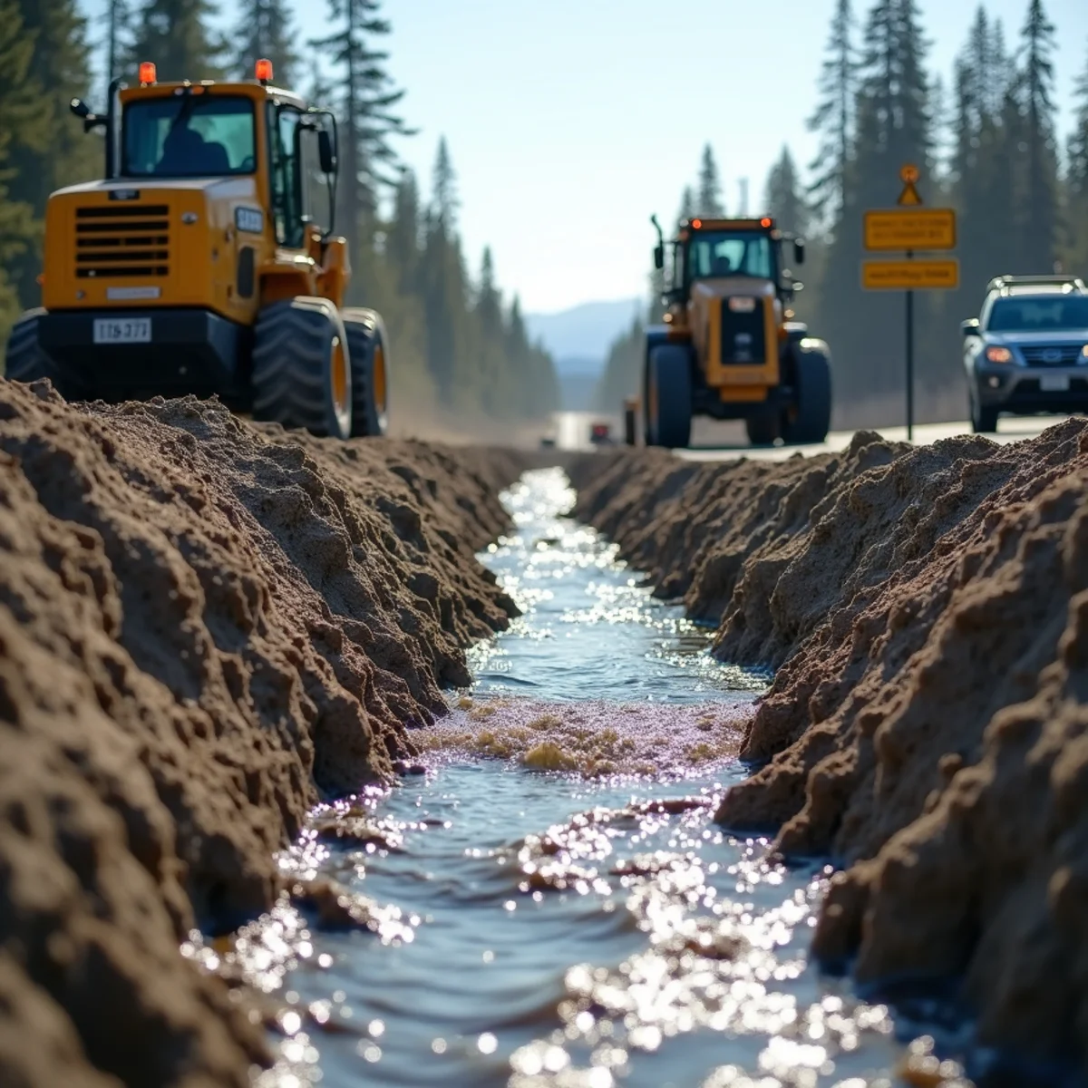 Emergency trench diverting spring breakup thaw meltwater toward roadside ditch