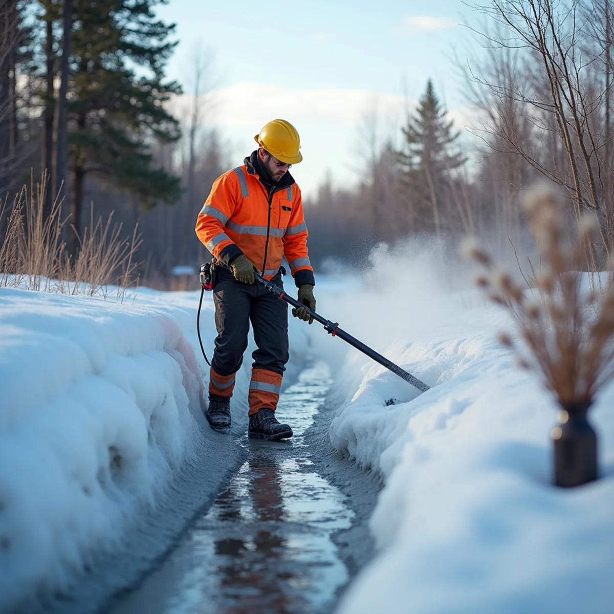 Clearing iced driveway culvert pipe with high-pressure steam in Mat-Su Borough