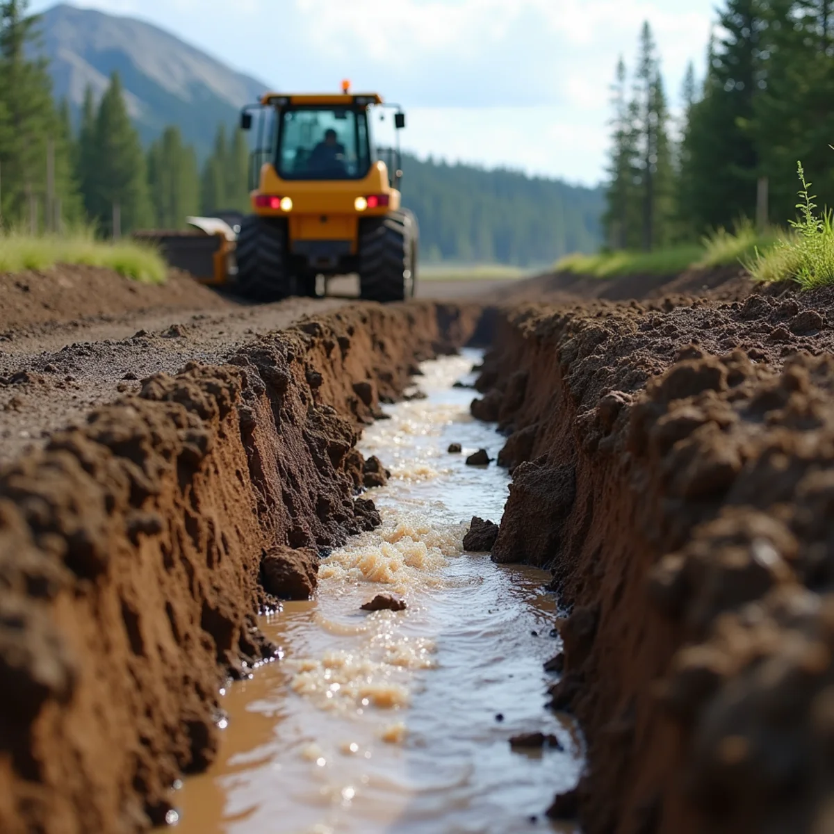 Norton Management Services field crew performing emergency spring thaw flood drainage in Wasilla AK