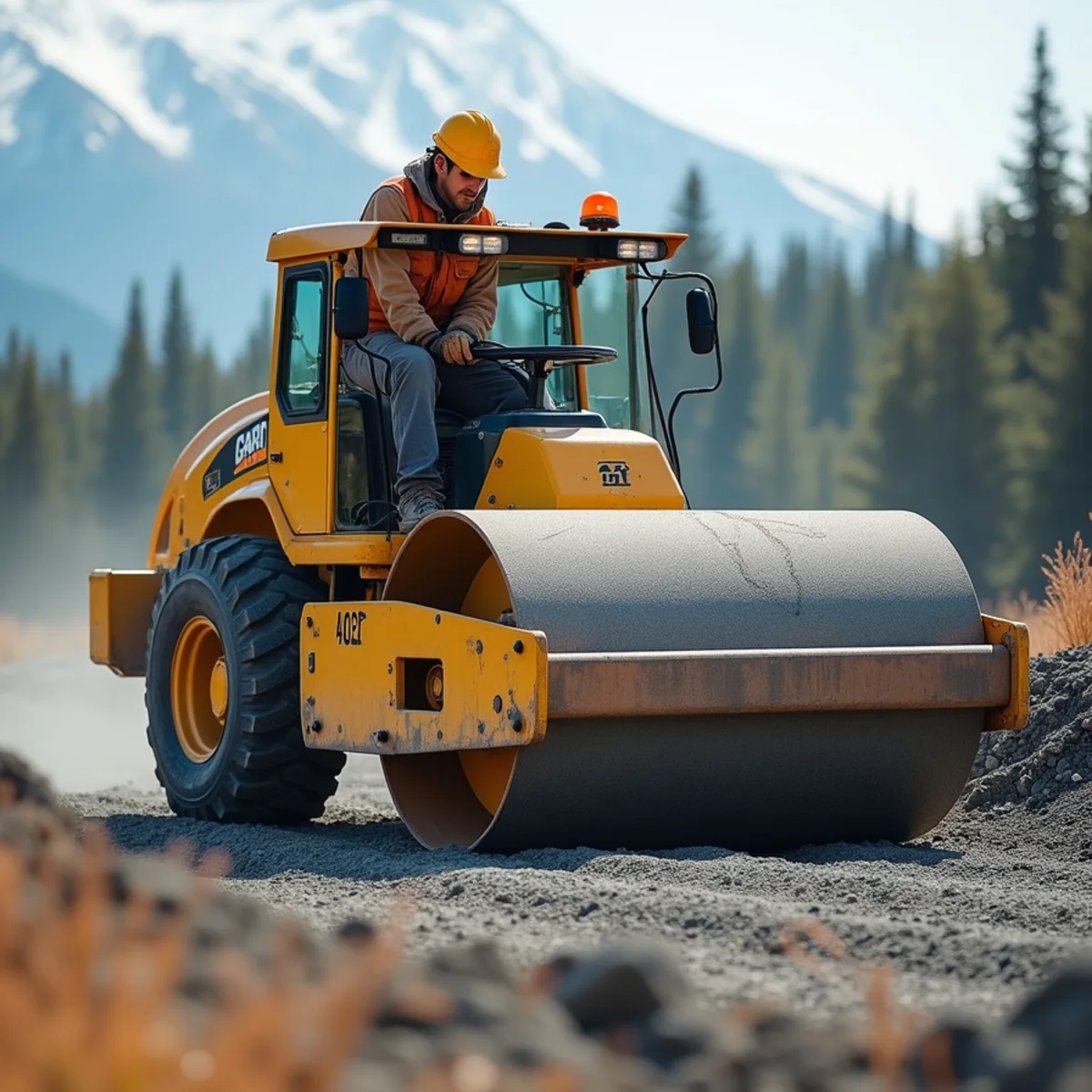 Vibratory roller compacting 1-inch minus D-1 gravel on Alaskan driveway before freeze-up