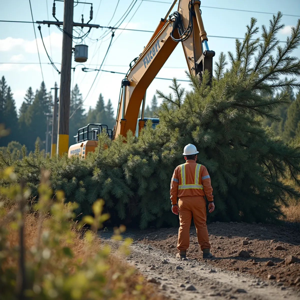 Downed spruce tree resting dangerously near power lines in Wasilla windstorm