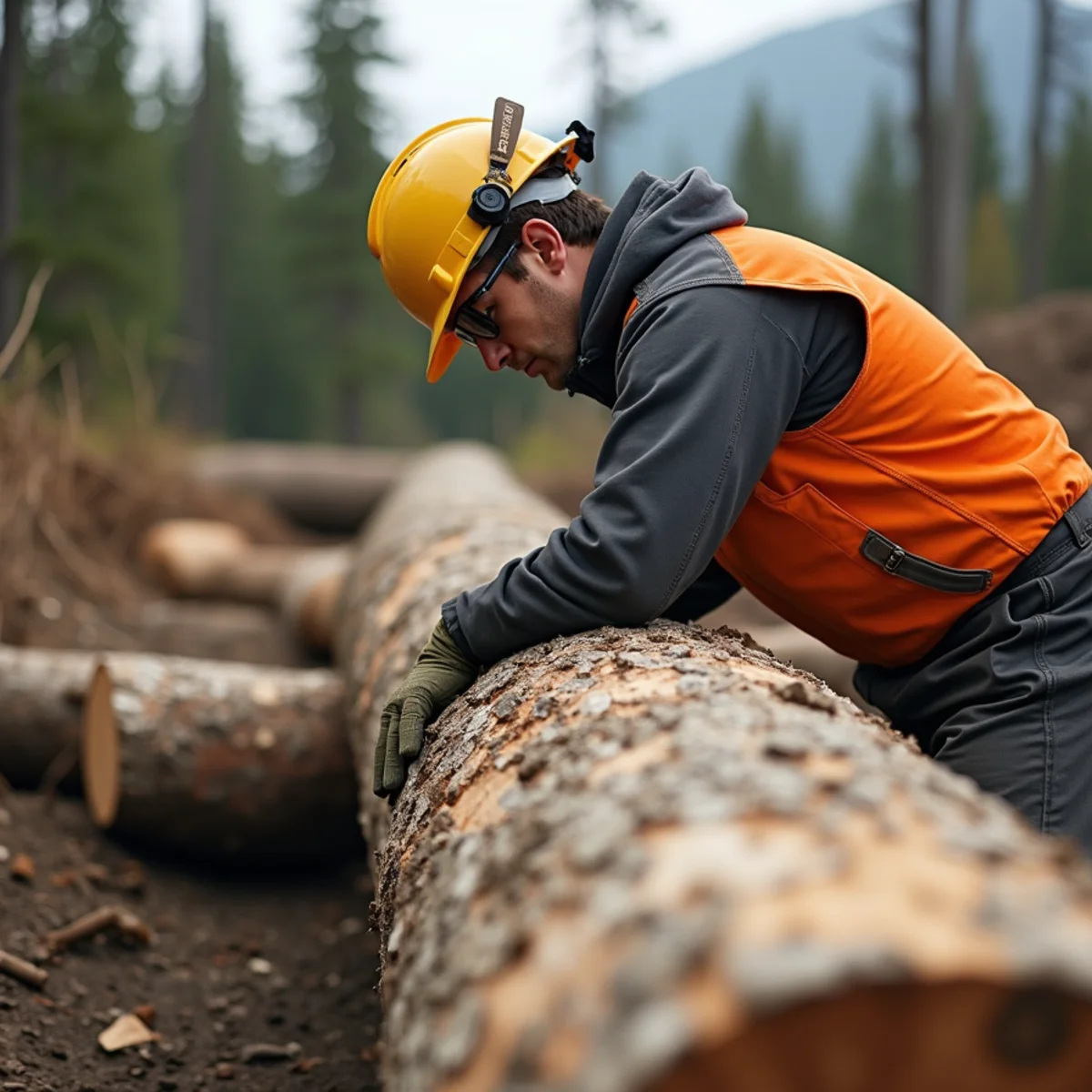 Arborist evaluating fallen tree trunk under tension after 70mph Matanuska wind gust
