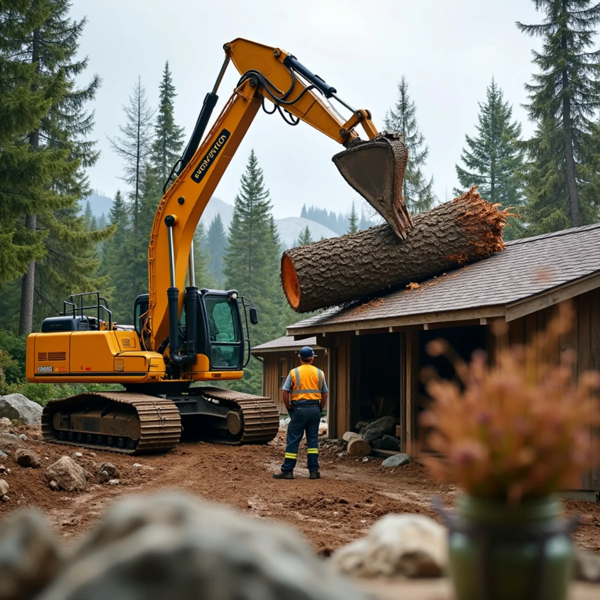 CAT excavator with hydraulic grapple lifting fallen tree off roof without damage