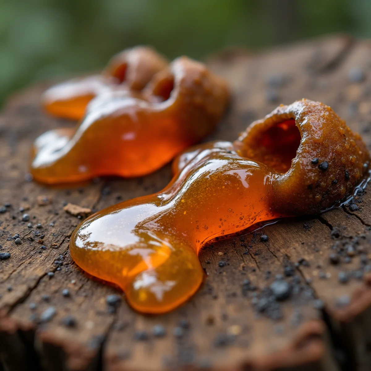 Close-up of white and reddish pitch tubes on spruce bark indicating beetle attack