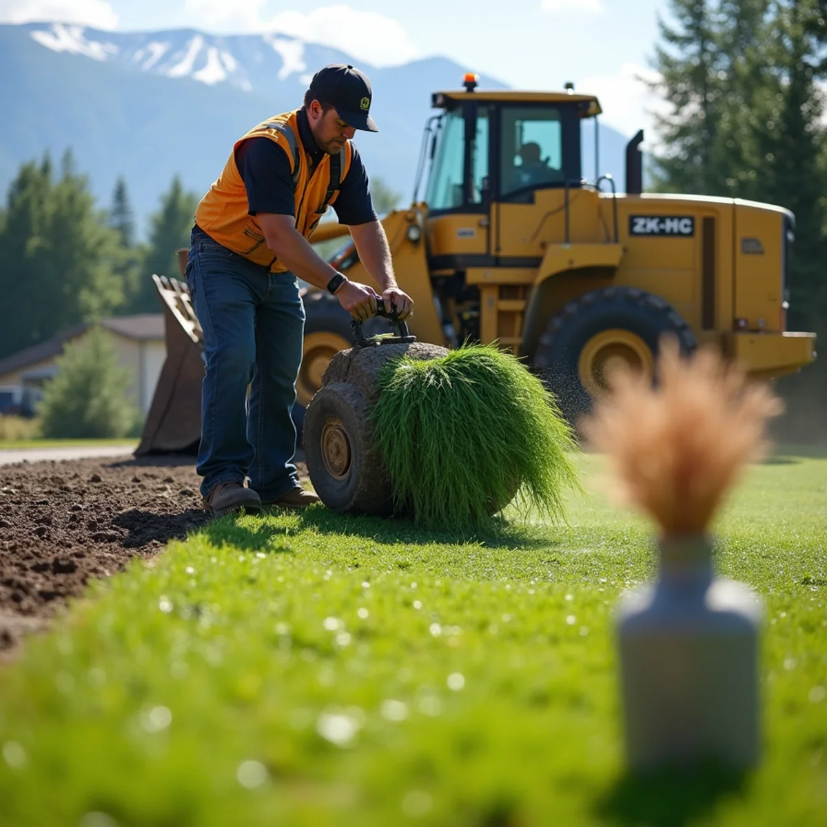 Commercial hydroseeding machine spraying seed slurry on prepared Wasilla lawn