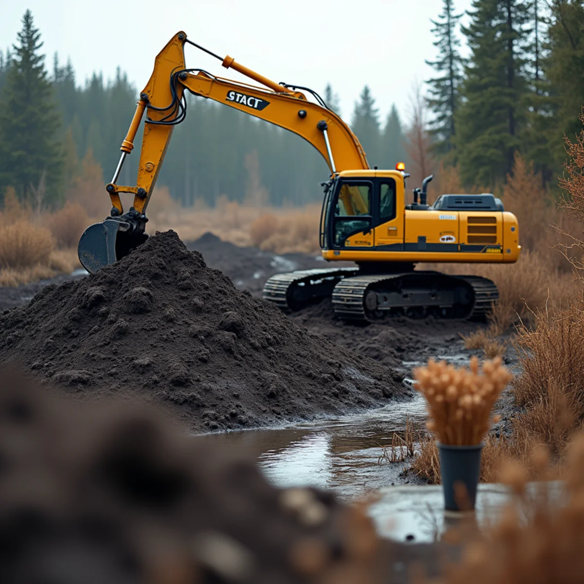 Deep organic muskeg peat bog being mucked out by excavator in Mat-Su Valley