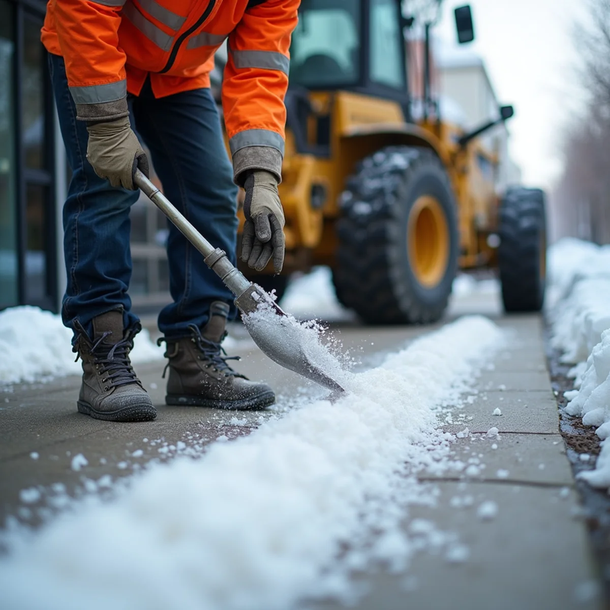 Applying low-temperature calcium chloride ice melt pellets to commercial entrance
