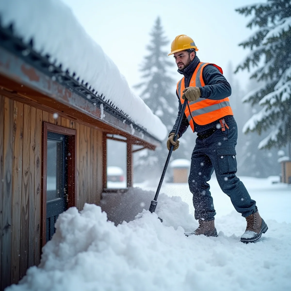 Using telescoping roof rake to remove heavy snow overhangs above retail walkway
