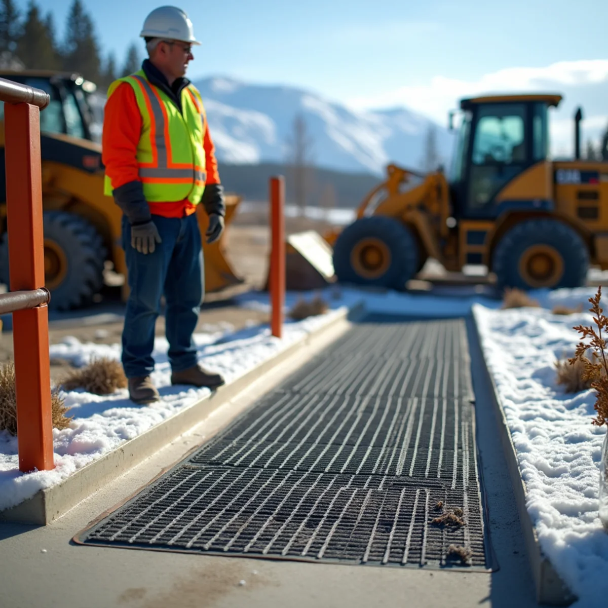 Heating mats and high-traction rubber surface cleats on commercial ADA ramp