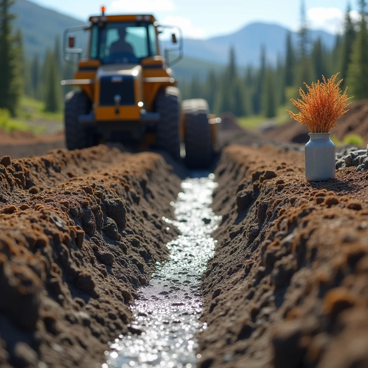 Placing washed drainage rock bedding around perforated septic distribution piping