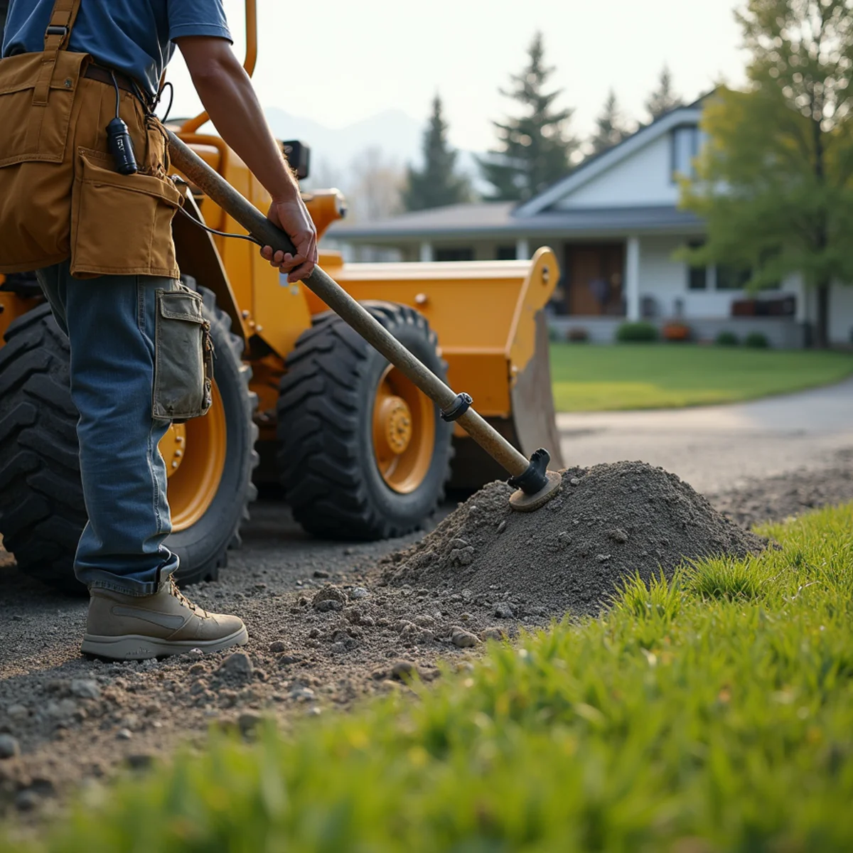 Power raking winter plow gravel and road silt out of spring lawn turf