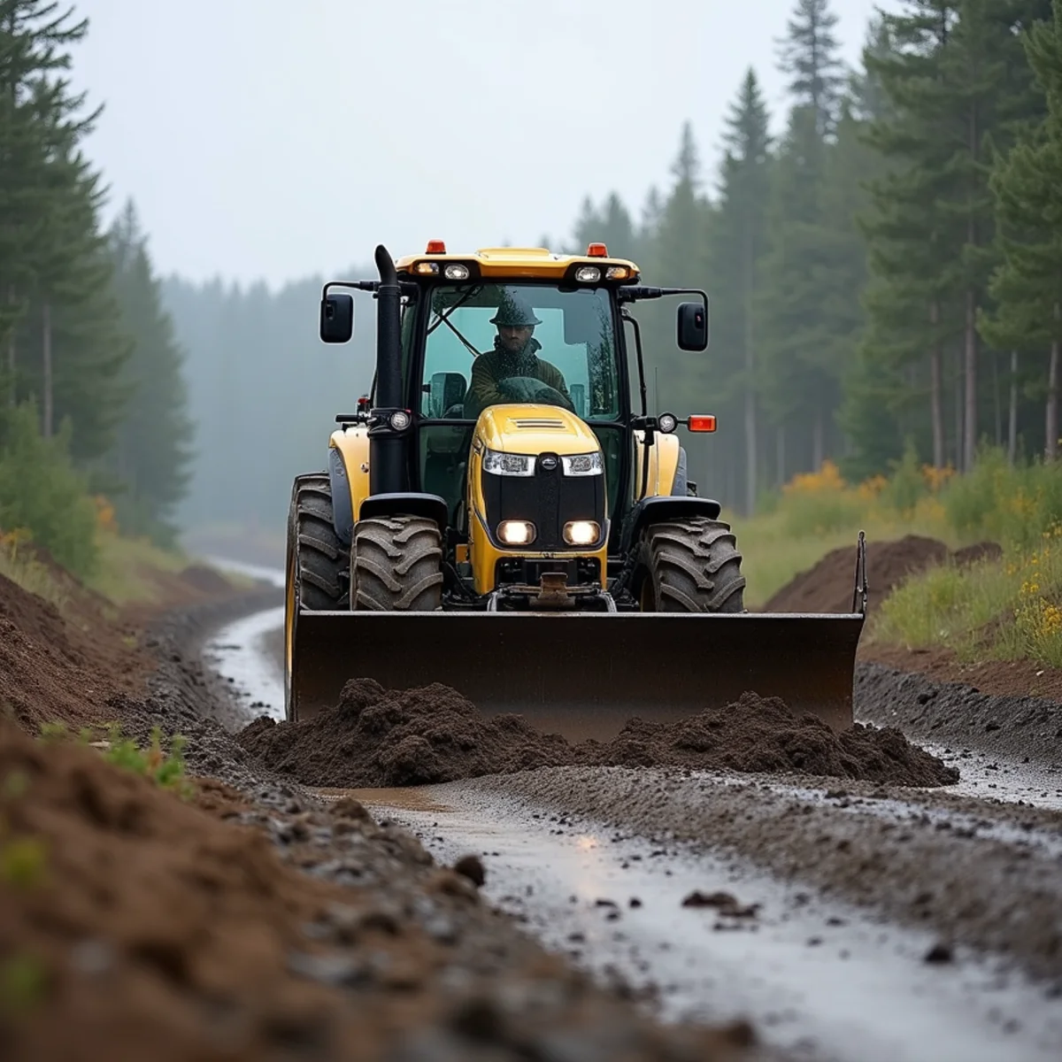 Dragging and smoothing breakup mud ruts on gravel driveway with tractor blade