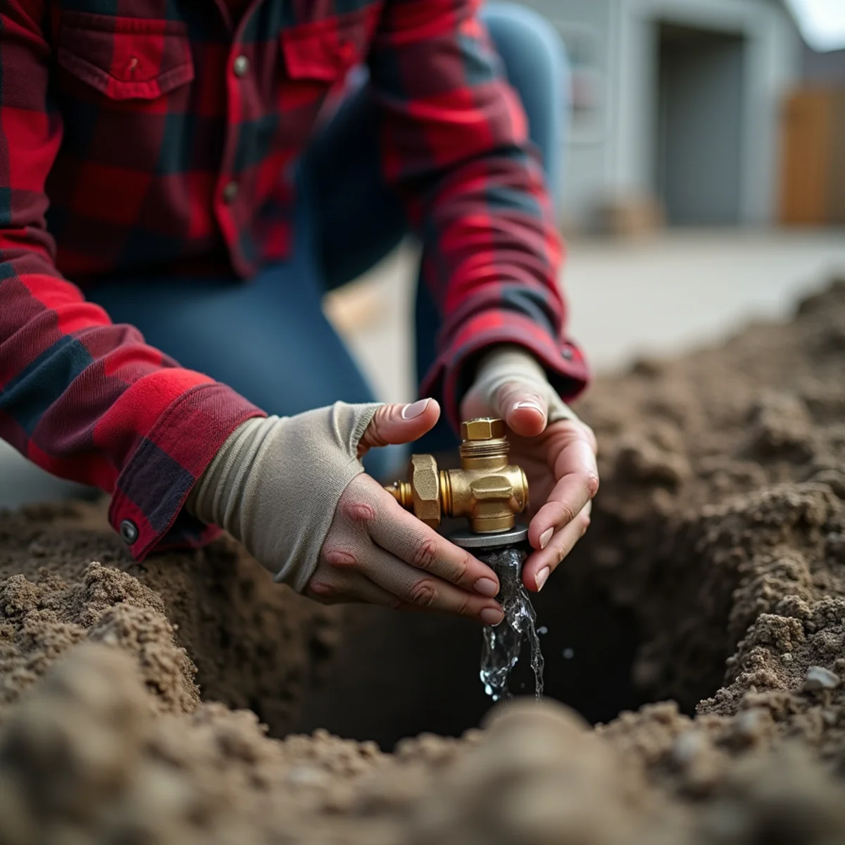 Homeowner shutting off emergency main water valve during sub-zero Alaska freeze