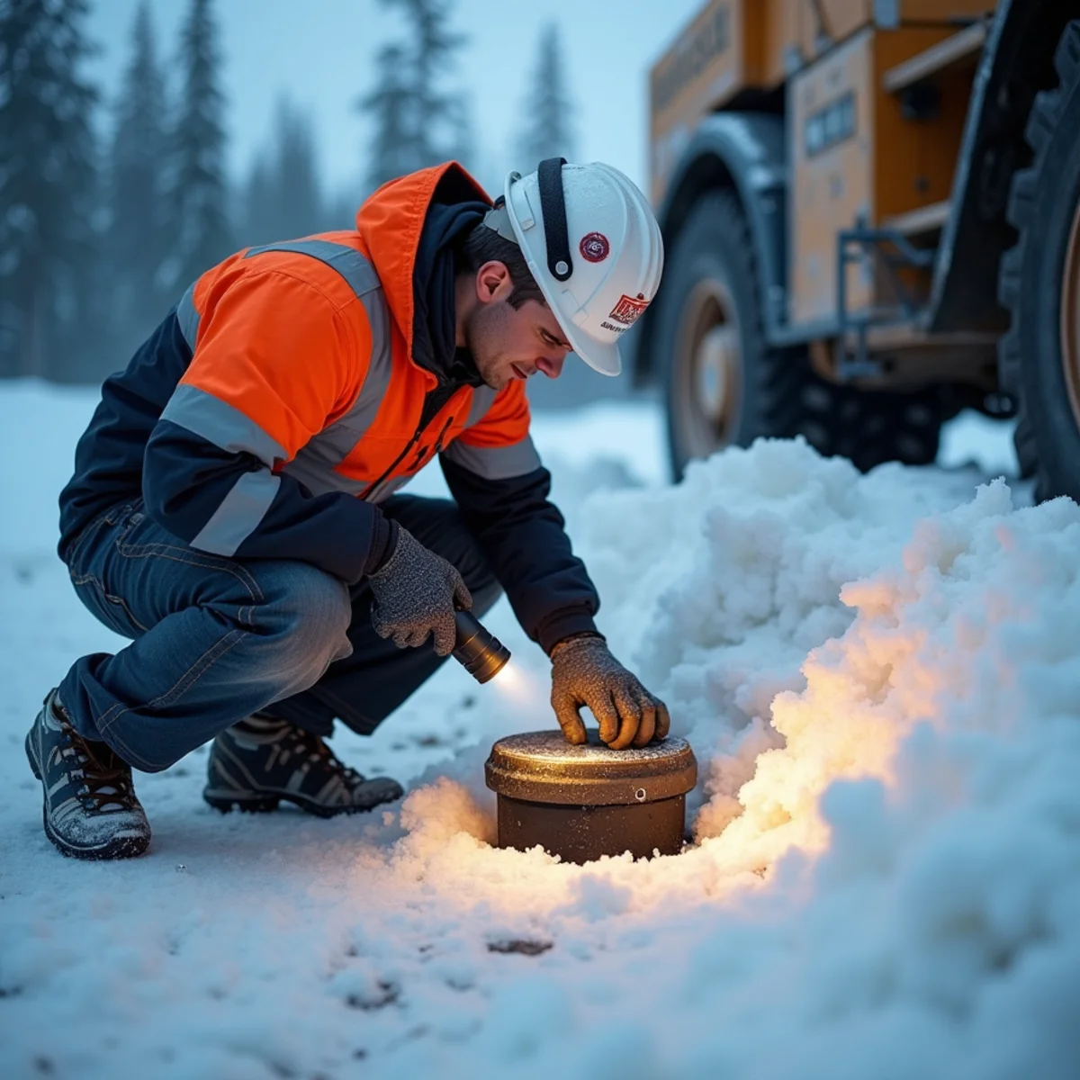 Technician inspecting frozen exterior septic cleanout riser in Wasilla Alaska