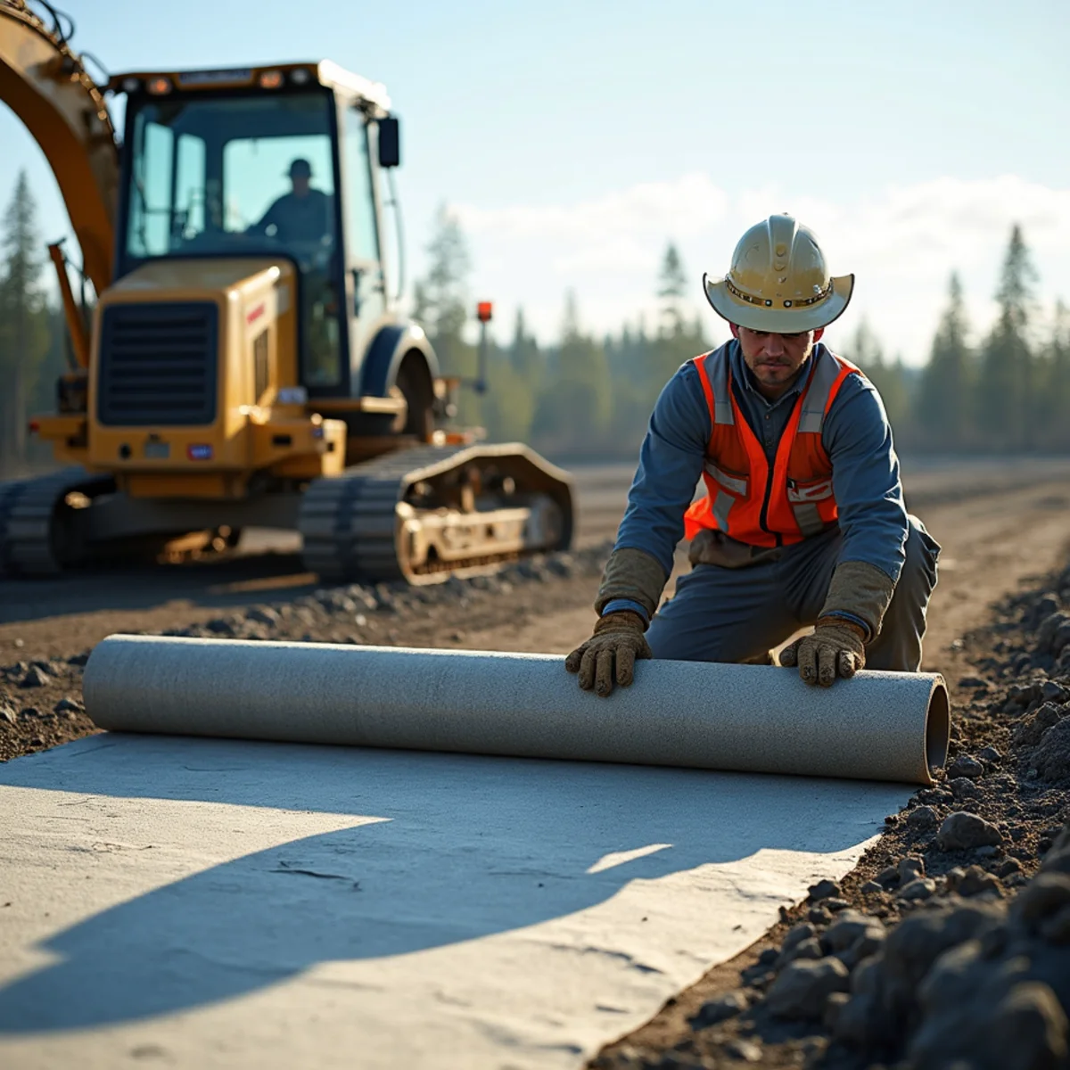 Laying heavy woven stabilization geotextile fabric beneath structural gravel pad