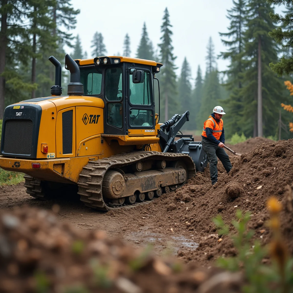 Tracked forestry mulcher grinding brush and slash into fuel break barrier