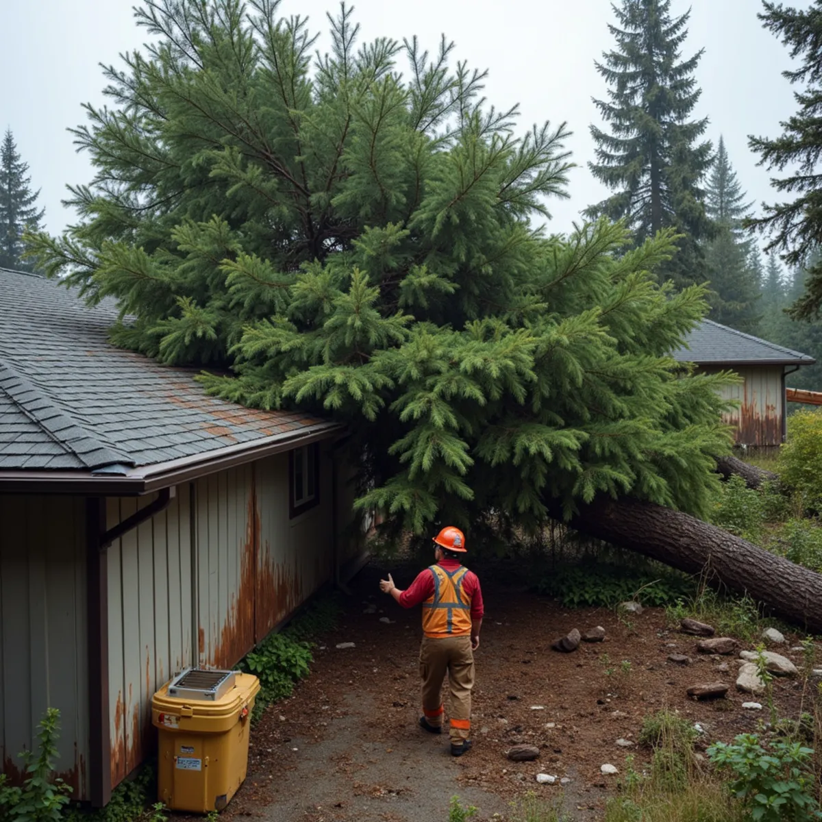 Beetle-killed spruce tree collapsed onto garage roof after Alaska storm