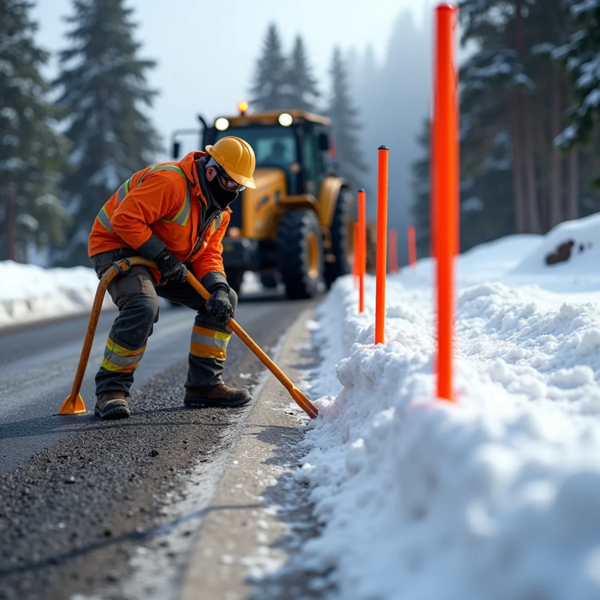 Driving high-visibility fiberglass snow stakes along driveway edge